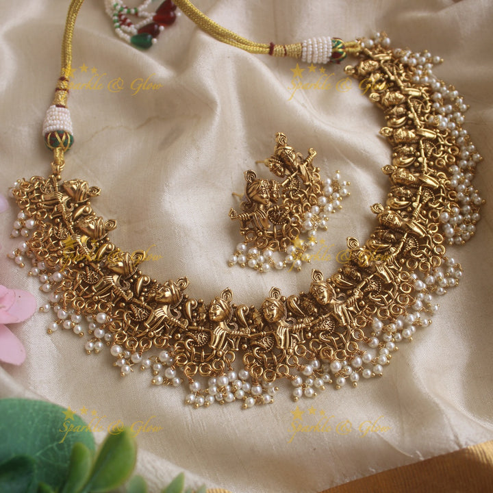 Beautiful Krishna plaving flute carved gutta pusalu short necklace