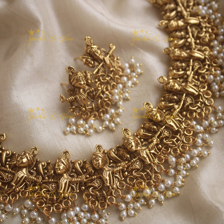 Beautiful Krishna plaving flute carved gutta pusalu short necklace