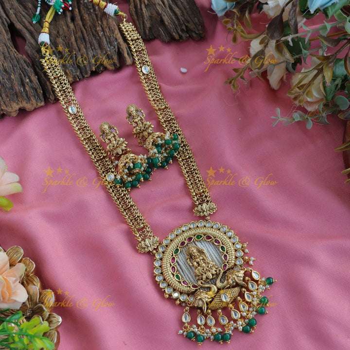 Beautiful Lakshmi peacock carved kundan stone pendant haram with pearls and green beads - Sparkle and Glow - Green - Back Thread