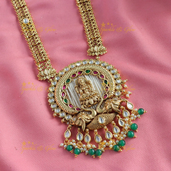 Beautiful Lakshmi peacock carved kundan stone pendant haram with pearls and green beads - Sparkle and Glow - Green - Back Thread