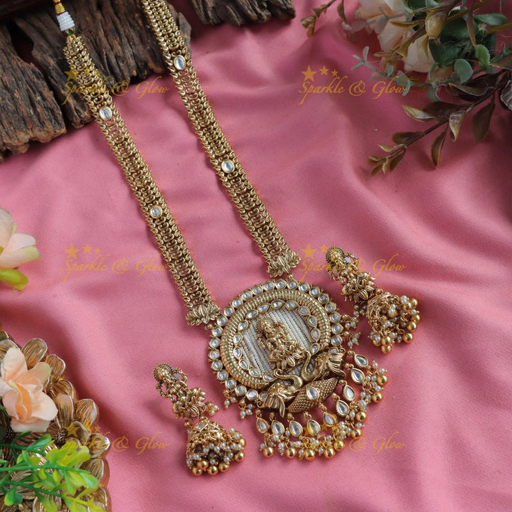 Beautiful Lakshmi peacock carved kundan stone pendant haram with pearls and green beads - Sparkle and Glow - Gold - Back Thread