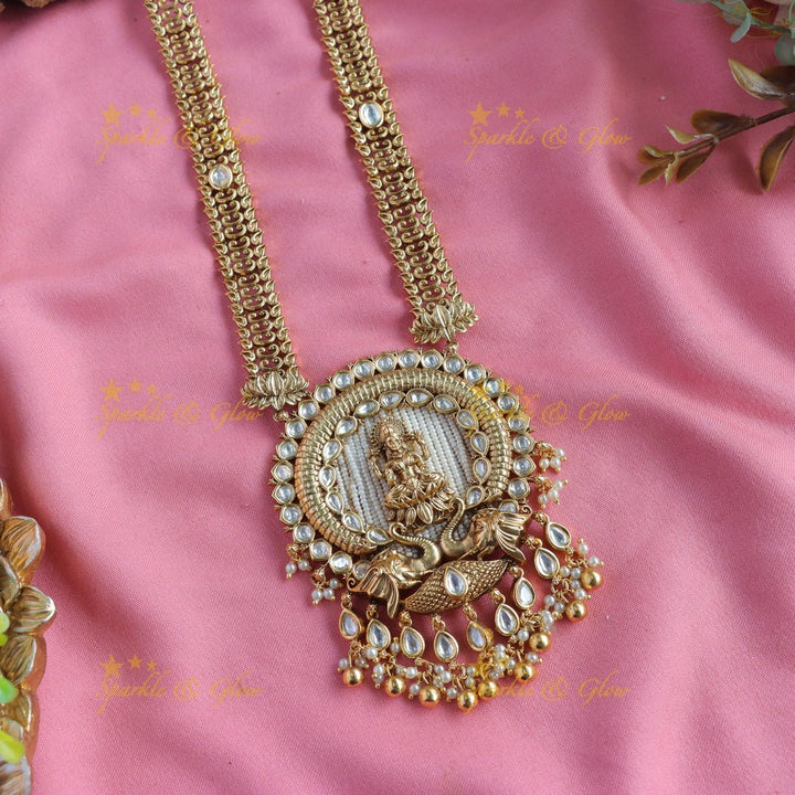 Beautiful Lakshmi peacock carved kundan stone pendant haram with pearls and green beads - Sparkle and Glow - Gold - Back Thread