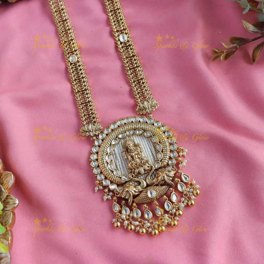 Beautiful Lakshmi peacock carved kundan stone pendant haram with pearls and green beads - Sparkle and Glow - Gold - Back Thread