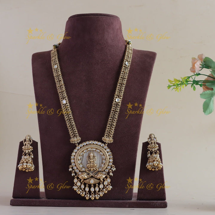 Beautiful Lakshmi peacock carved kundan stone pendant haram with pearls and green beads - Sparkle and Glow - Gold - Back Thread