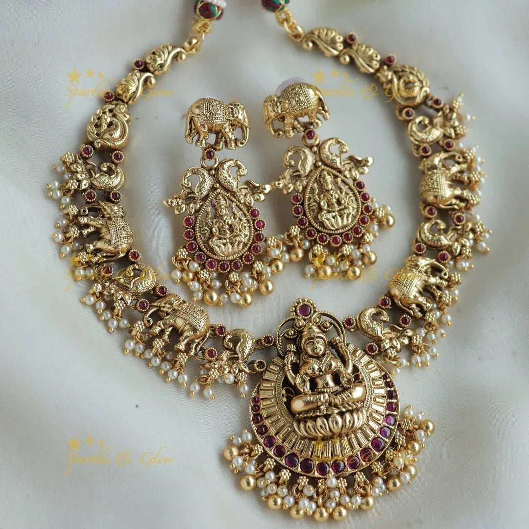 Beautiful Lakshmi elephant peacock carved gutta pusalu short necklace with ruby and gold beads - Sparkle and Glow
