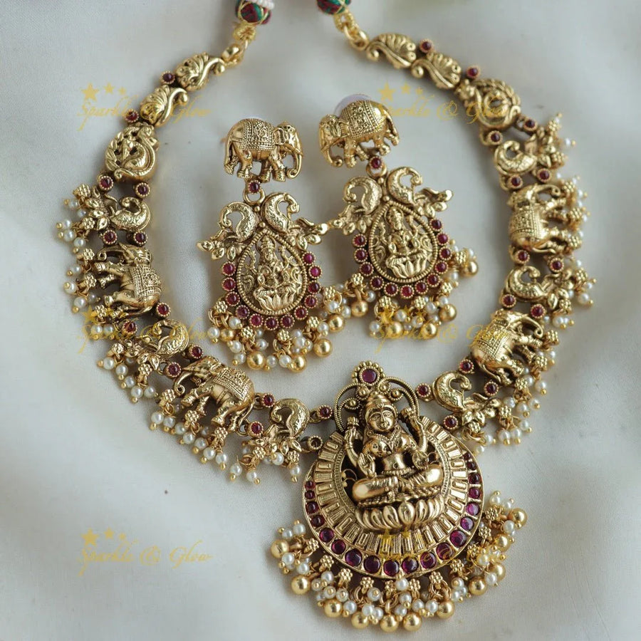 Beautiful Lakshmi elephant peacock carved gutta pusalu short necklace with ruby and gold beads - Sparkle and Glow
