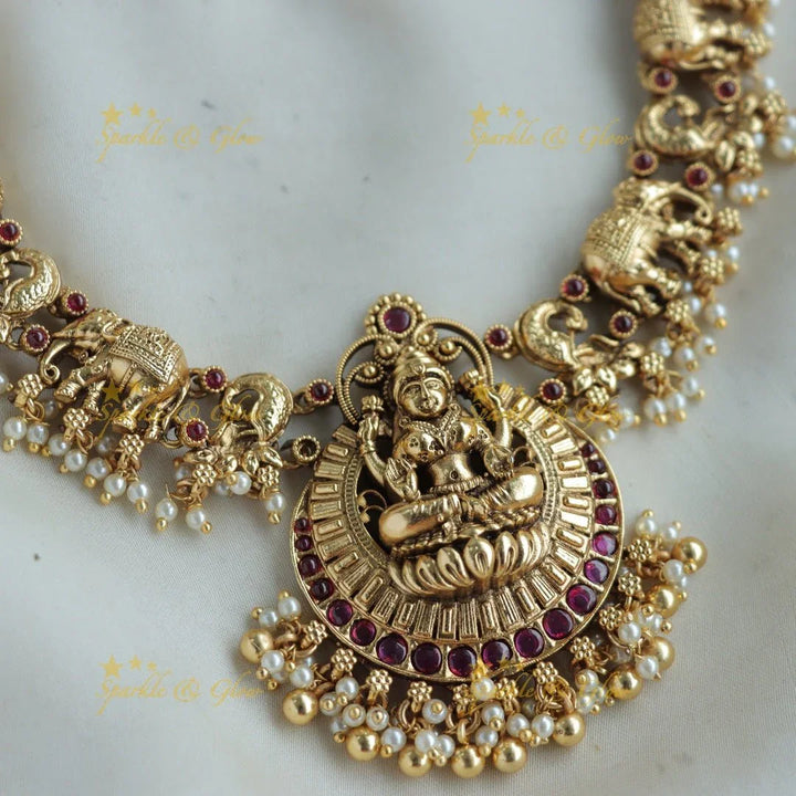 Beautiful Lakshmi elephant peacock carved gutta pusalu short necklace with ruby and gold beads - Sparkle and Glow