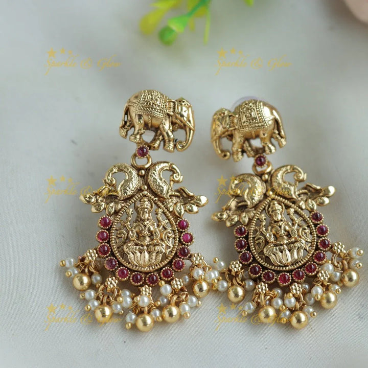 Beautiful Lakshmi elephant peacock carved gutta pusalu short necklace with ruby and gold beads - Sparkle and Glow
