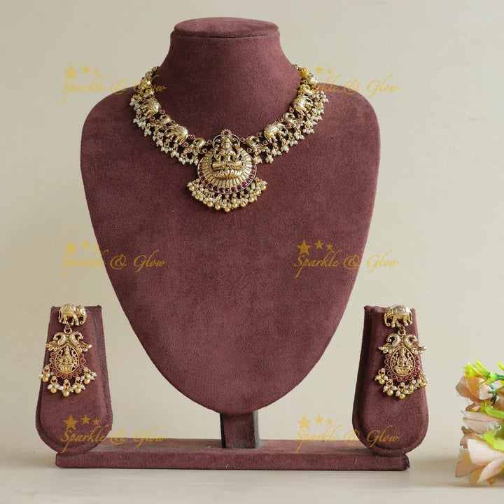Beautiful Lakshmi elephant peacock carved gutta pusalu short necklace with ruby and gold beads - Sparkle and Glow