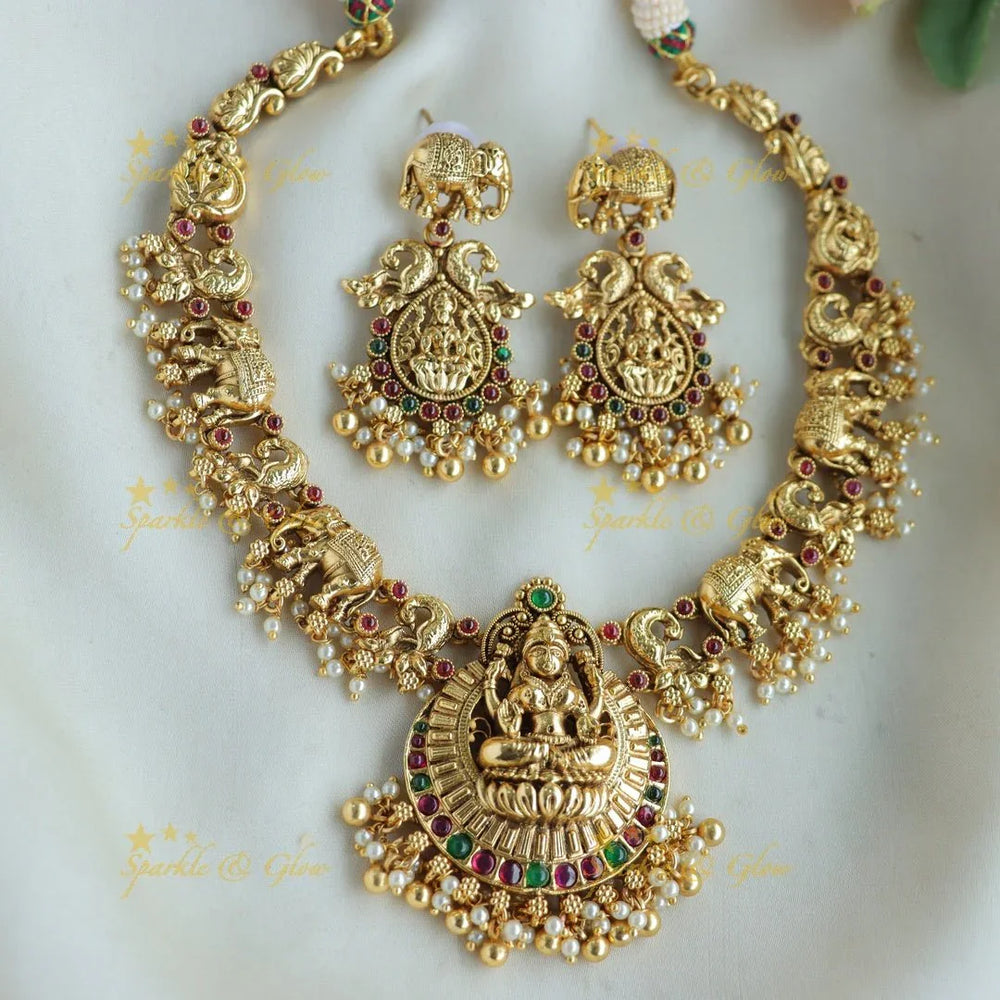 Beautiful Lakshmi elephant peacock carved gutta pusalu short necklace with ruby and gold beads - Sparkle and Glow