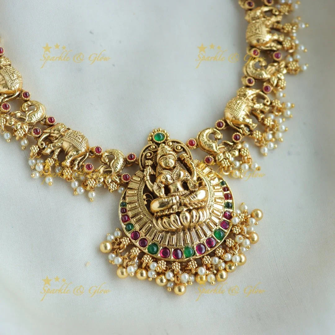 Beautiful Lakshmi elephant peacock carved gutta pusalu short necklace with ruby and gold beads - Sparkle and Glow