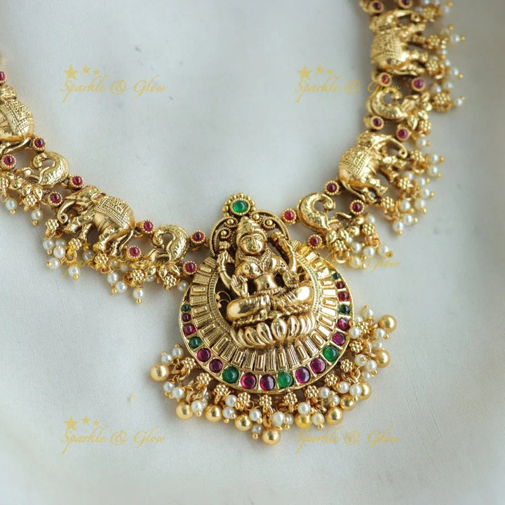 Beautiful Lakshmi elephant peacock carved gutta pusalu short necklace with ruby and gold beads - Sparkle and Glow