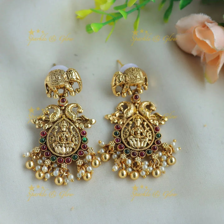 Beautiful Lakshmi elephant peacock carved gutta pusalu short necklace with ruby and gold beads - Sparkle and Glow