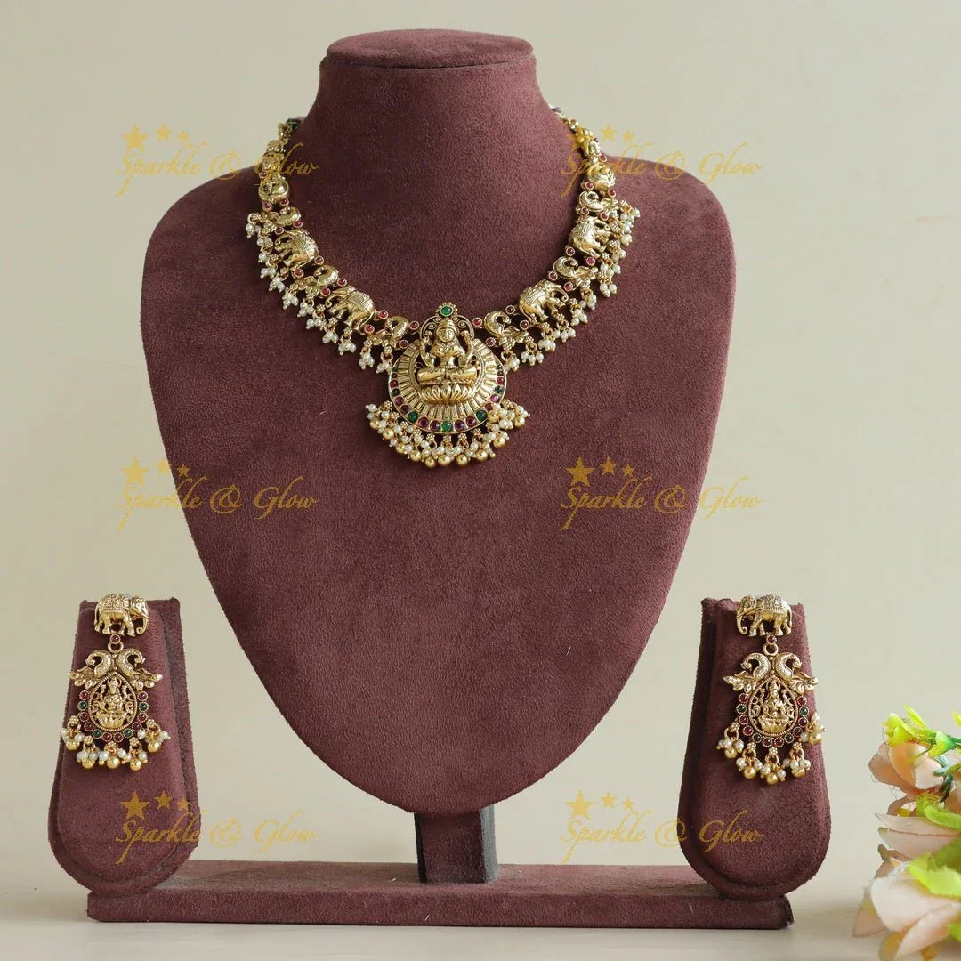 Beautiful Lakshmi elephant peacock carved gutta pusalu short necklace with ruby and gold beads - Sparkle and Glow