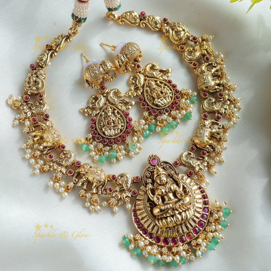 Beautiful Lakshmi elephant peacock carved gutta pusalu short necklace with ruby and gold beads - Sparkle and Glow