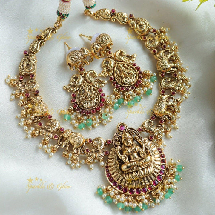 Beautiful Lakshmi elephant peacock carved gutta pusalu short necklace with ruby and gold beads - Sparkle and Glow