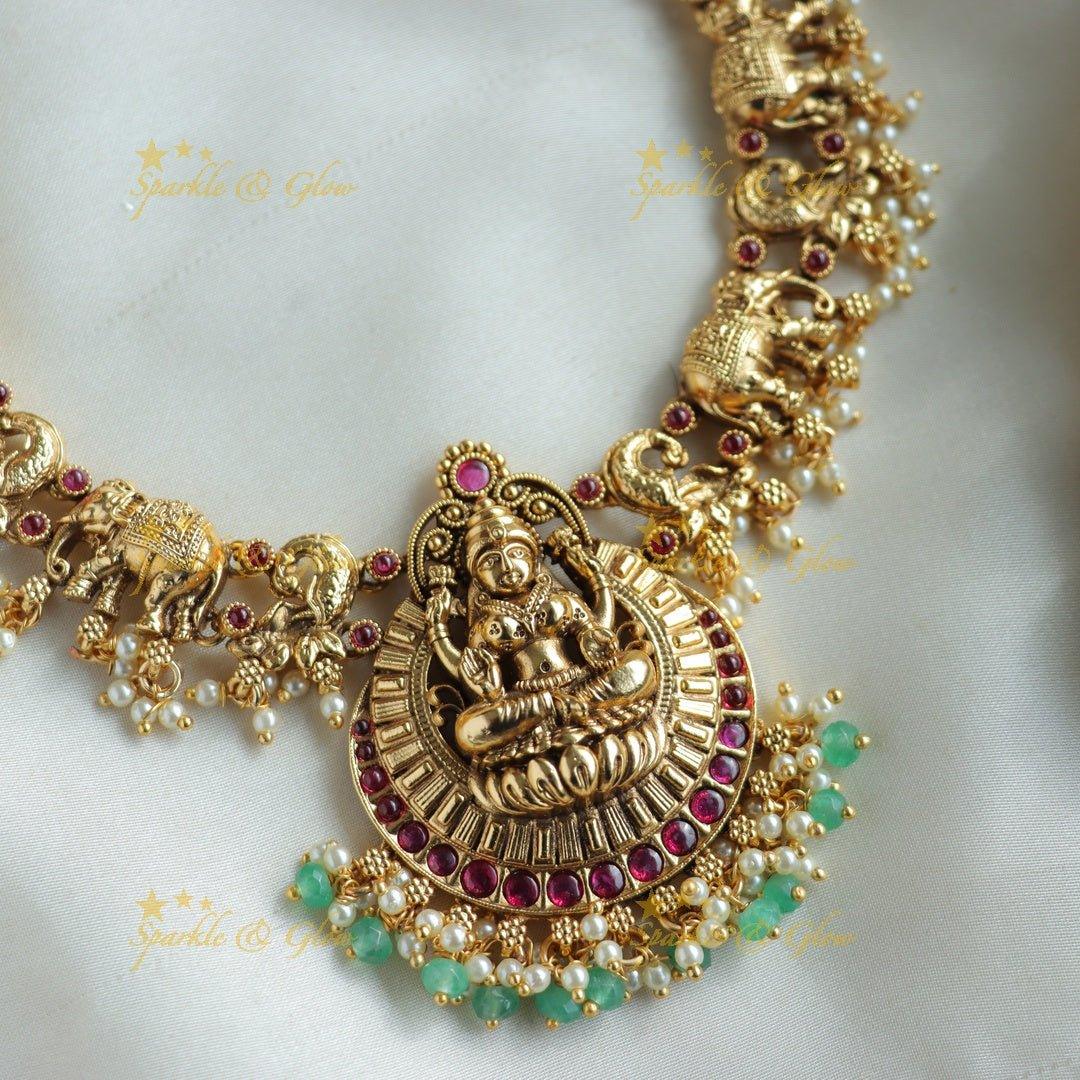 Beautiful Lakshmi elephant peacock carved gutta pusalu short necklace with ruby and gold beads - Sparkle and Glow