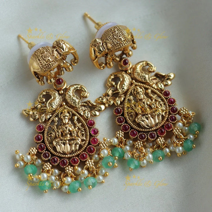 Beautiful Lakshmi elephant peacock carved gutta pusalu short necklace with ruby and gold beads - Sparkle and Glow
