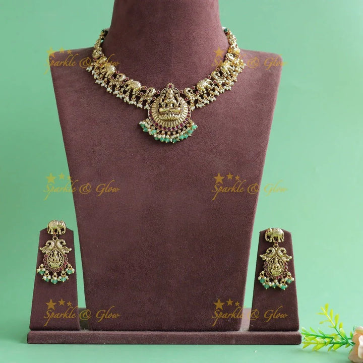 Beautiful Lakshmi elephant peacock carved gutta pusalu short necklace with ruby and gold beads - Sparkle and Glow