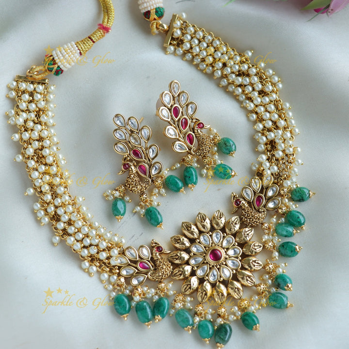 Statement Floral peacock cluster pearl short necklace with green beads and stones