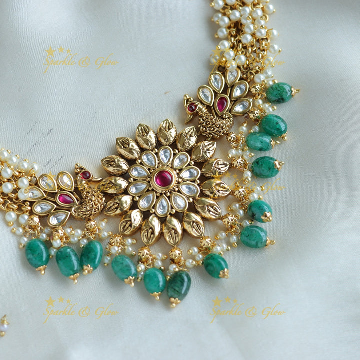 Statement Floral peacock cluster pearl short necklace with green beads and stones