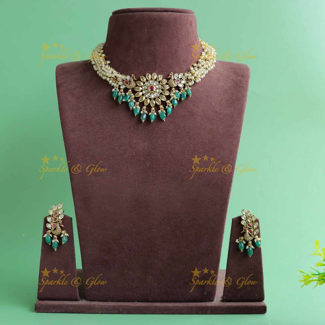 Statement Floral peacock cluster pearl short necklace with green beads and stones
