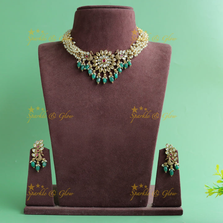 Statement Floral peacock cluster pearl short necklace with green beads and stones