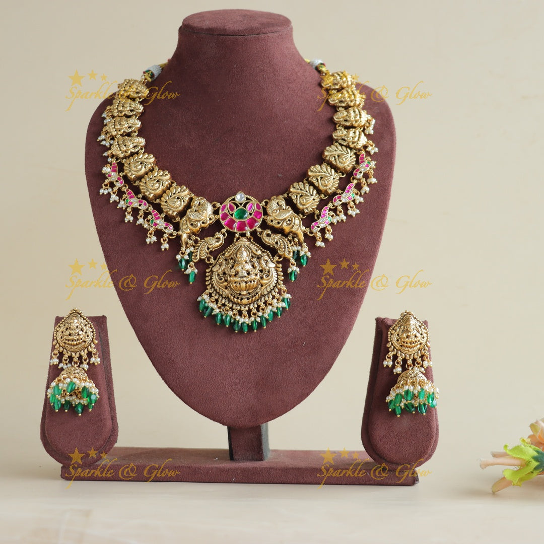 Exclusive Lakshmi peacock jadau short necklace with pearls and green beads