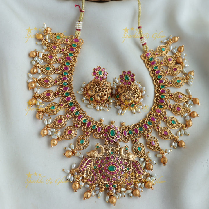 Stunning Peacock mango short necklace with ruby emerald rice pearls and gold beads