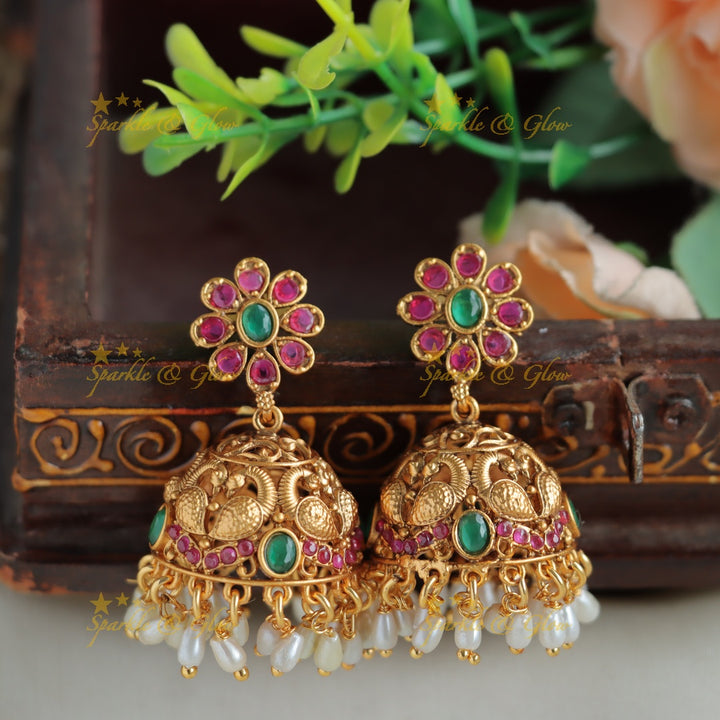 Stunning Peacock mango short necklace with ruby emerald rice pearls and gold beads