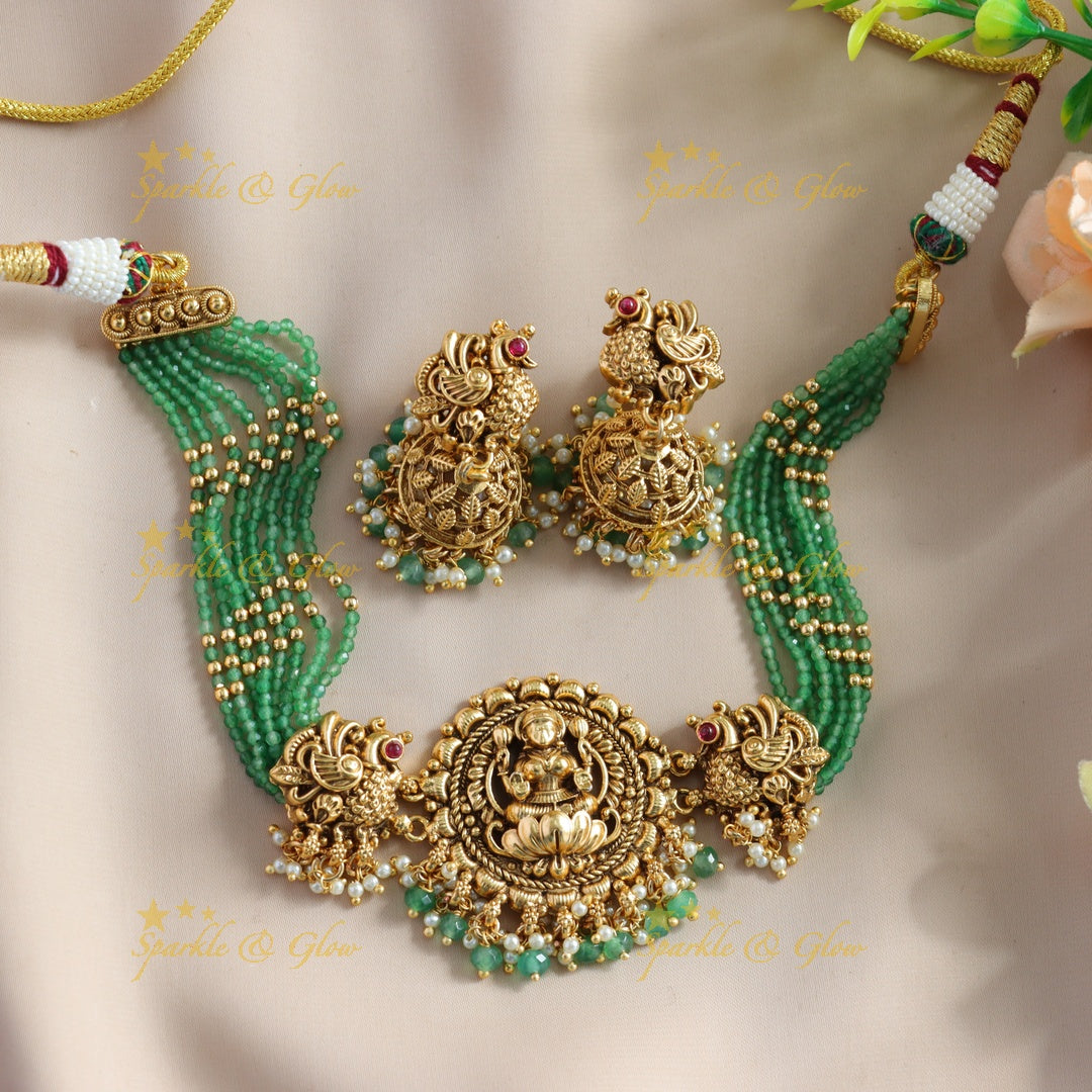 Statement Lakshmi Peacock carved choker with multi layer gold and mint green beads and pearls