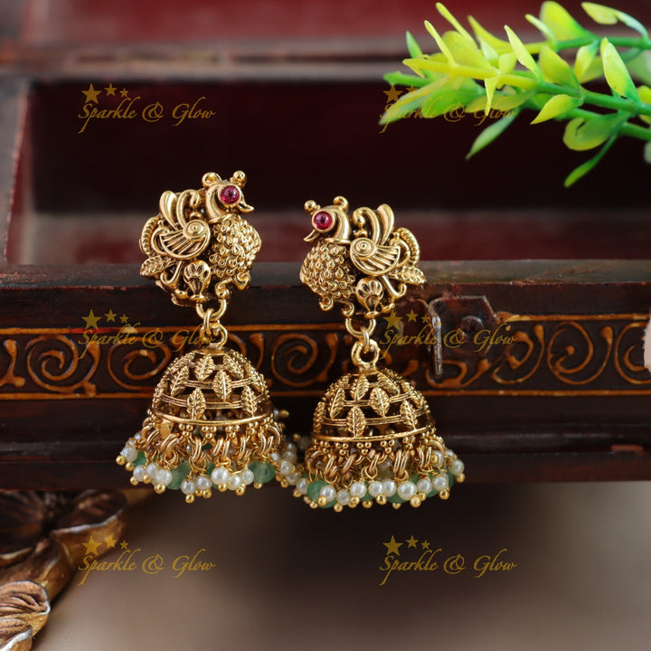 Statement Lakshmi Peacock carved choker with multi layer gold and mint green beads and pearls