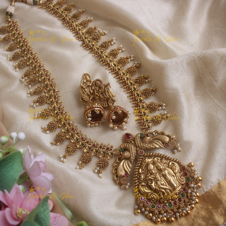 Gorgeous Radah akrishna and peacock carved long necklace with ruby emerald stones and gold beads