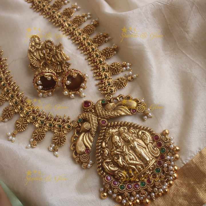 Gorgeous Radah akrishna and peacock carved long necklace with ruby emerald stones and gold beads