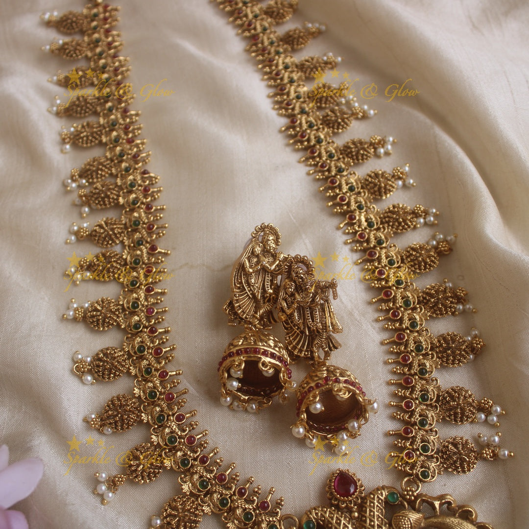 Gorgeous Radah akrishna and peacock carved long necklace with ruby emerald stones and gold beads