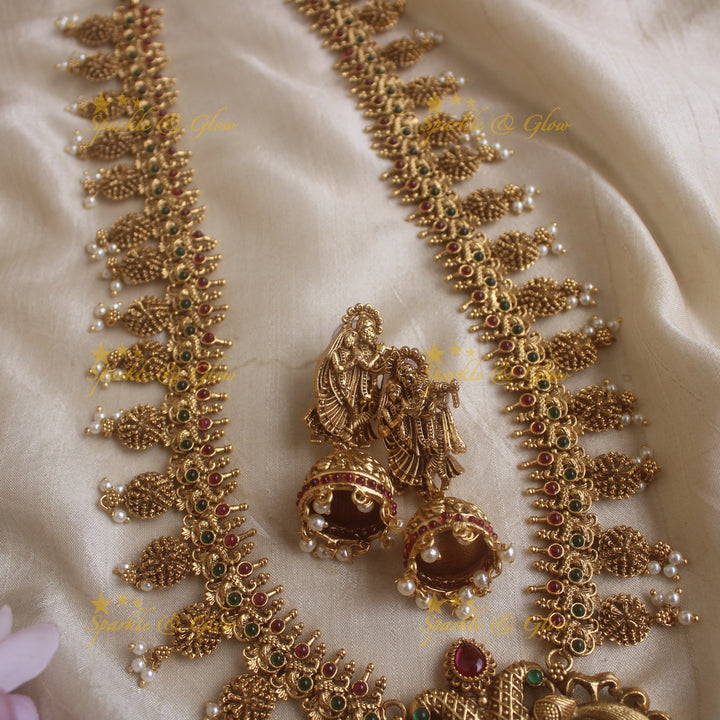 Gorgeous Radah akrishna and peacock carved long necklace with ruby emerald stones and gold beads