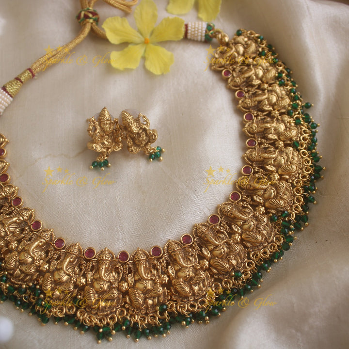Elegant Ganesha carved short necklace with ruby stones and green beads