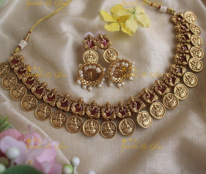 Sparkling Idol Ganesha Lakshmi Coin short necklace-Navarathna - Sparkle and Glow
