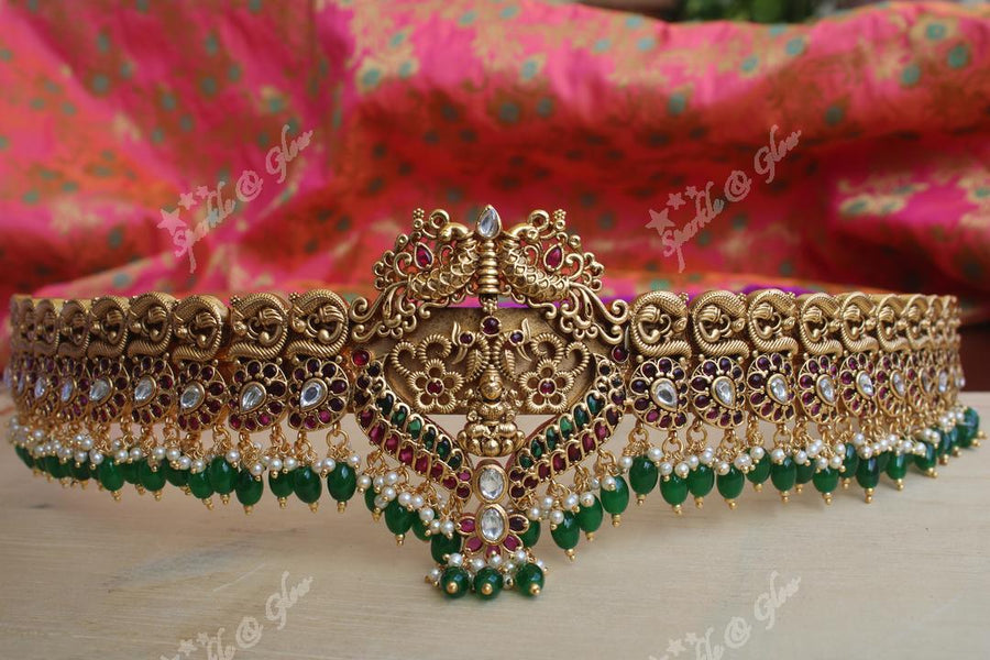 Antique gold polished Nagas and peacock work hipbemt made with real kemp stones - Sparkle and Glow