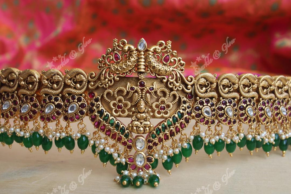 Antique gold polished Nagas and peacock work hipbemt made with real kemp stones - Sparkle and Glow