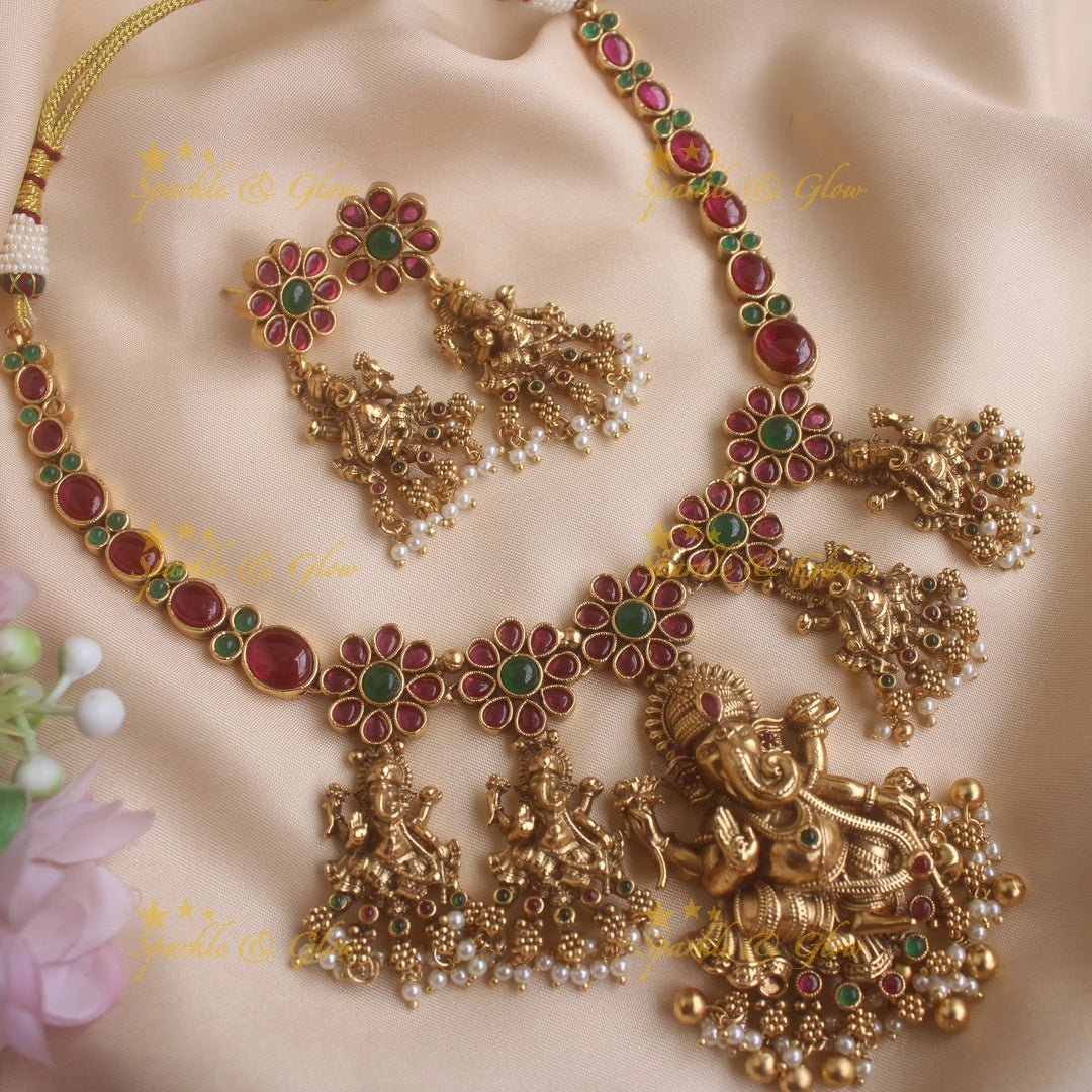 Exclusive Kemp Floral and Idol Ganesha carved short necklace with pearls and Gold beads - Multi - Gold - Sparkle and Glow - Multi - Gold - Back Thread