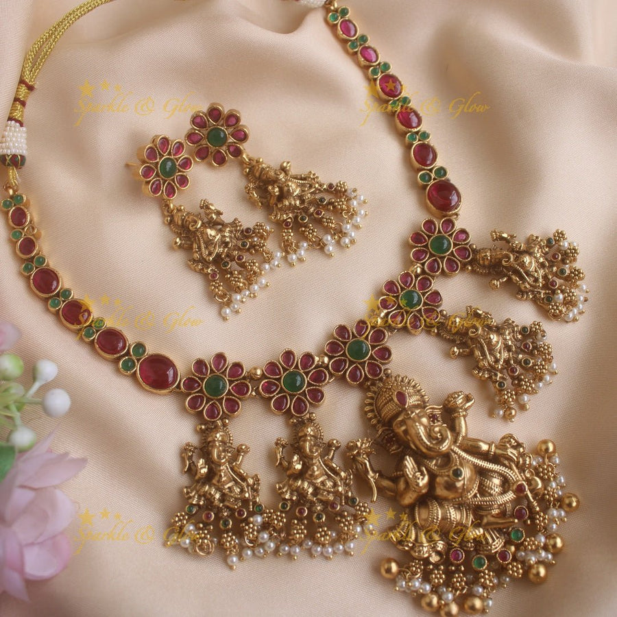 Exclusive Kemp Floral and Idol Ganesha carved short necklace with pearls and Gold beads - Multi - Gold - Sparkle and Glow - Multi - Gold - Back Thread