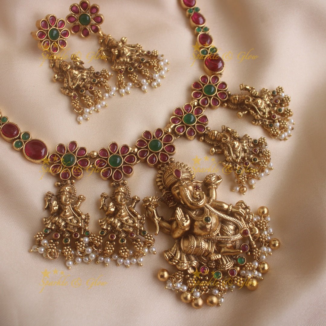 Exclusive Kemp Floral and Idol Ganesha carved short necklace with pearls and Gold beads - Multi - Gold - Sparkle and Glow - Multi - Gold - Back Thread