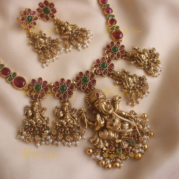 Exclusive Kemp Floral and Idol Ganesha carved short necklace with pearls and Gold beads - Multi - Gold - Sparkle and Glow - Multi - Gold - Back Thread