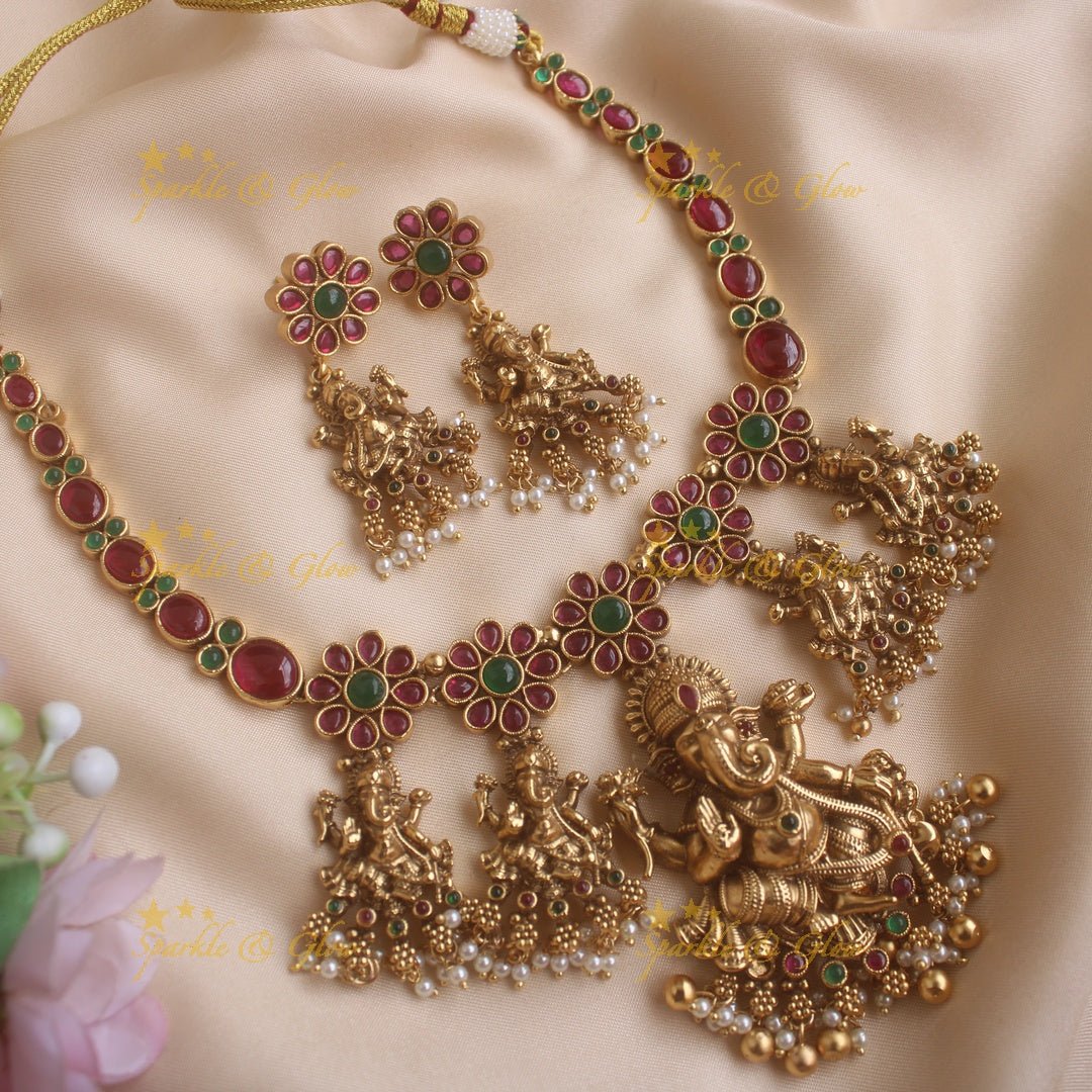 Exclusive Kemp Floral and Idol Ganesha carved short necklace with pearls and Gold beads - Multi - Gold - Sparkle and Glow - Ruby - Gold - Back Thread