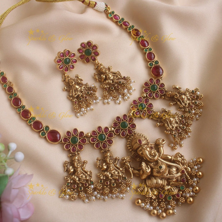 Exclusive Kemp Floral and Idol Ganesha carved short necklace with pearls and Gold beads - Multi - Gold - Sparkle and Glow - Ruby - Gold - Back Thread