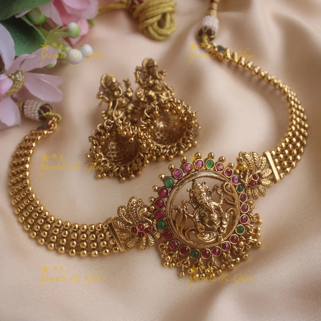 Beautiful Ganesha carved choker with ruby emerald and gold beads - red - Sparkle and Glow