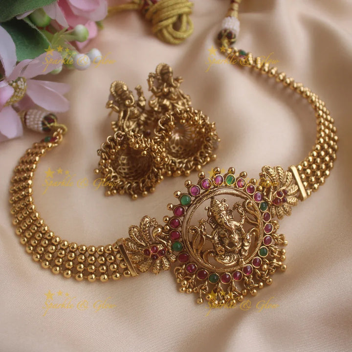 Beautiful Ganesha carved choker with ruby emerald and gold beads - red - Sparkle and Glow
