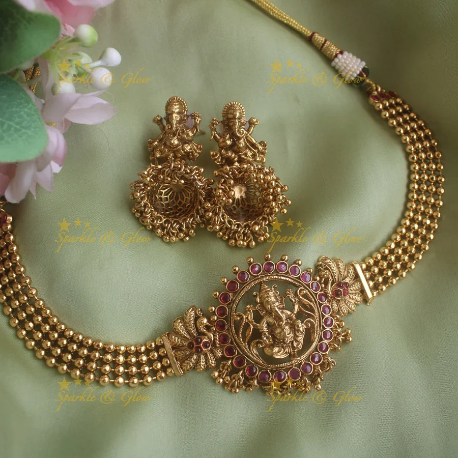 Beautiful Ganesha carved choker with ruby emerald and gold beads - red - Sparkle and Glow