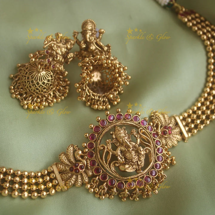 Beautiful Ganesha carved choker with ruby emerald and gold beads - red - Sparkle and Glow